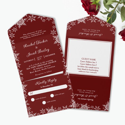 Elegant Snowflakes Border Red Kerstbruiloft All In One Uitnodiging