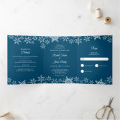Elegant Snowflakes Dark Blue Navy Winter Weddensch Drieluik Uitnodiging (Binnen)