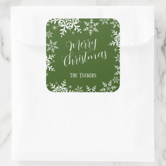 Elegant Snowflakes Dark Green Merry kerstcadeau Vierkante Sticker (Tas)