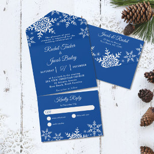Elegant Snowflakes Deep Blue Winter Weddenschap All In One Uitnodiging