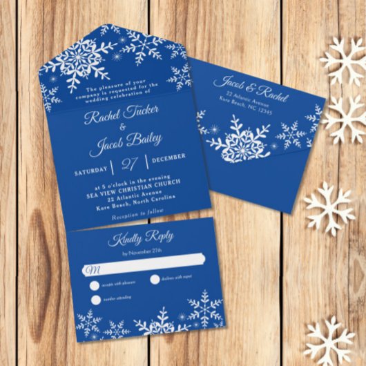 Elegant Snowflakes Deep Blue Winter Weddenschap All In One Uitnodiging
