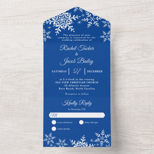 Elegant Snowflakes Deep Blue Winter Weddenschap All In One Uitnodiging (Binnen)