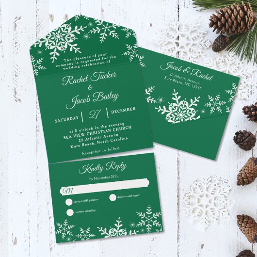 Elegant Snowflakes Green Kerstwinter Weduwen All In One Uitnodiging