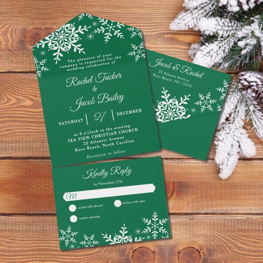 Elegant Snowflakes Green Kerstwinter Weduwen All In One Uitnodiging