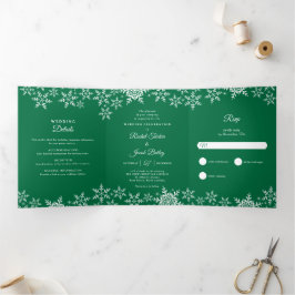 Elegant Snowflakes Green Kerstwinter Weduwen Drieluik Uitnodiging