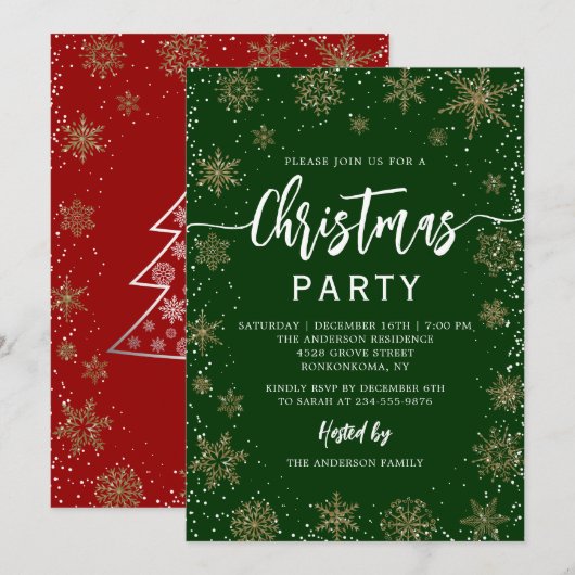 Elegant Snowflakes Green Red Kerstparty Kaart (Voorkant / Achterkant)
