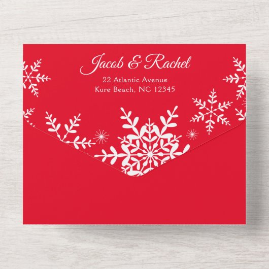 Elegant Snowflakes Kerstmis helder rood huwelijk All In One Uitnodiging (Achterkant)