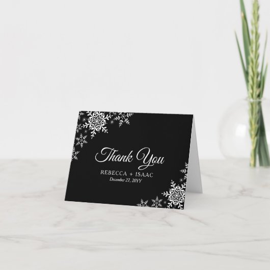 Elegant Snowflakes Pset Black Wedding Bedankkaart (Voorkant)