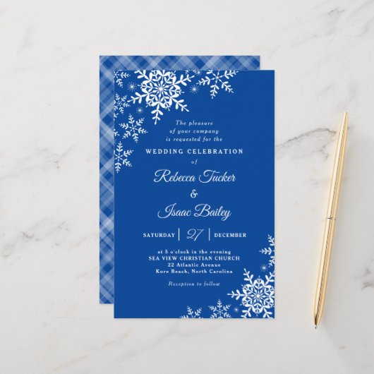 Elegant Snowflakes Pset Blue Wedding Invitation (Voorkant / Achterkant in situ)