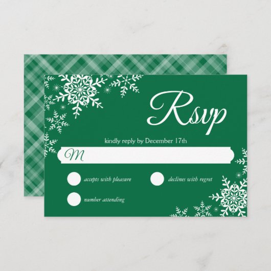 Elegant Snowflakes Pset Dark Green Wedding RSVP (Voorkant / Achterkant)