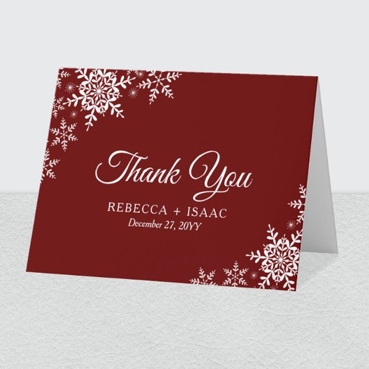 Elegant Snowflakes Pset Dark Red Wedding Bedankkaart