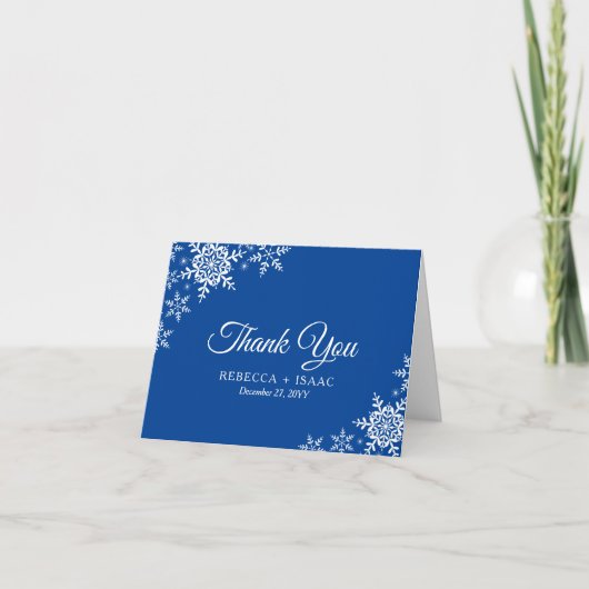 Elegant Snowflakes Pset Deep Blue Wedding Bedankkaart (Voorkant)