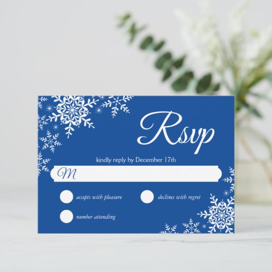 Elegant Snowflakes Pset Deep Blue Wedding RSVP (Staand voorkant)