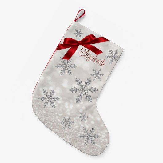 Elegant Snowflakes, Red Bow, Glittery - Persoonlij Kleine Kerstsok (Voorkant (Hangend))
