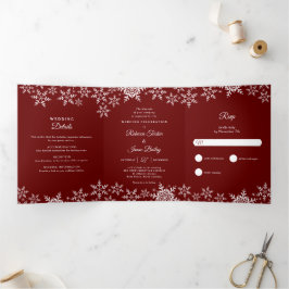 Elegant Snowflakes Red Kerstwinter Weduwen Drieluik Uitnodiging