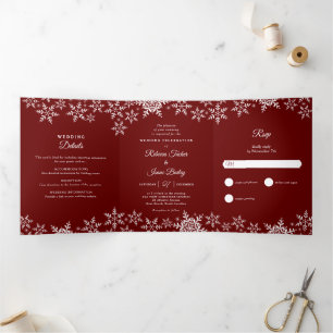 Elegant Snowflakes Red Kerstwinter Weduwen Drieluik Uitnodiging