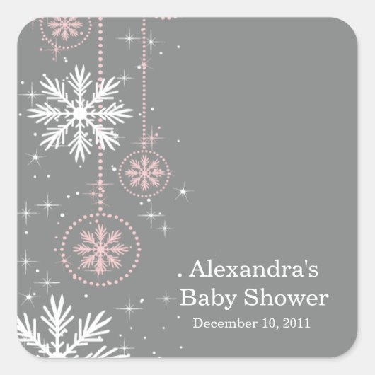Elegant Snowflakes Roze en Grijs Baby shower Squar Vierkante Sticker (Voorkant)