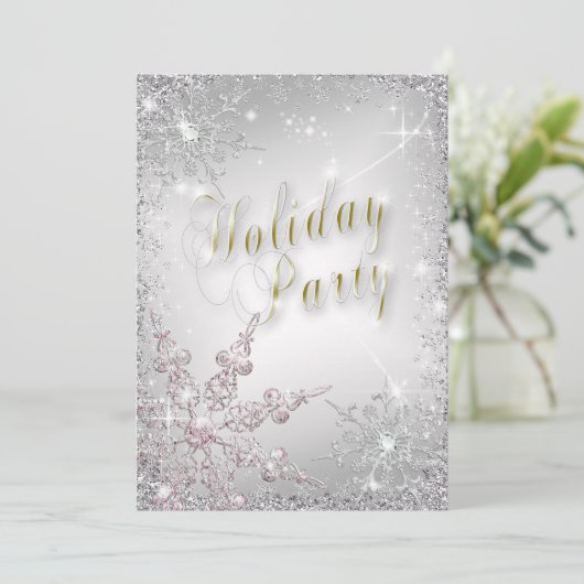 Elegant Snowflakes Roze Frost Holiday Party Inveme Kaart (Staand voorkant)