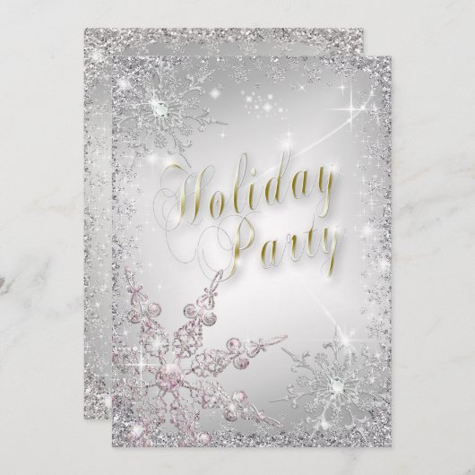 Elegant Snowflakes Roze Frost Holiday Party Inveme Kaart (Voorkant / Achterkant)