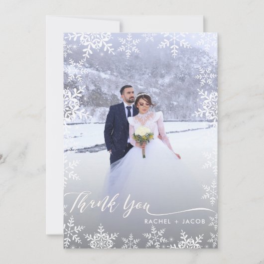 Elegant Snowflakes & Script 2-foto Winter Wedding Bedankkaart (Voorkant)