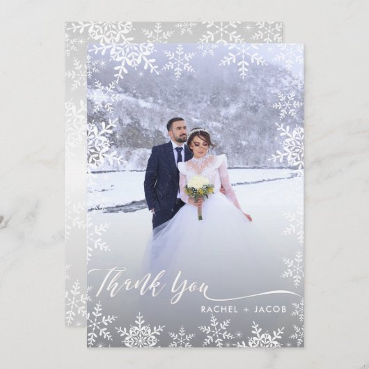 Elegant Snowflakes & Script 2-foto Winter Wedding Bedankkaart (Voorkant / Achterkant)