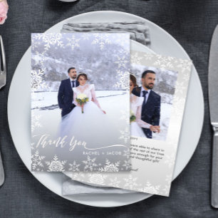 Elegant Snowflakes & Script 2-foto Winter Wedding Bedankkaart