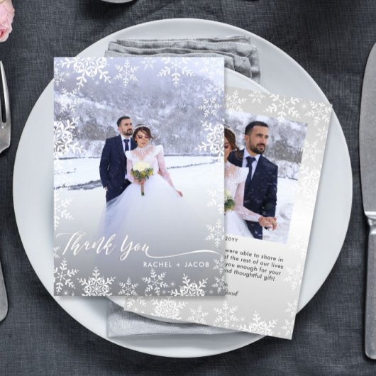 Elegant Snowflakes & Script 2-foto Winter Wedding Bedankkaart