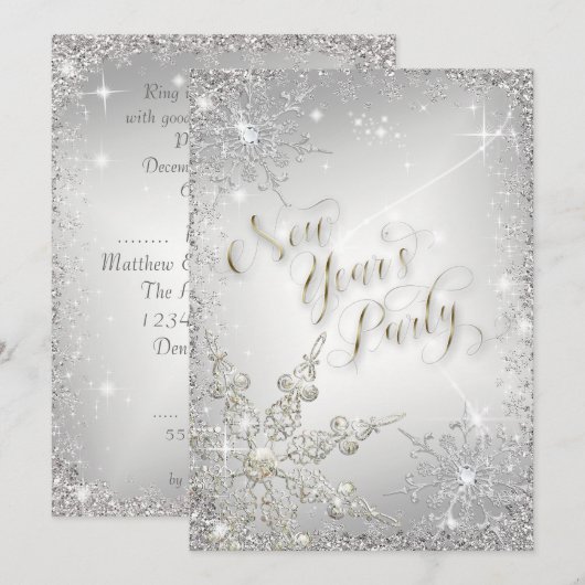 Elegant Snowflakes Silver Sparkle nieuwjaarsfeest Kaart (Voorkant / Achterkant)