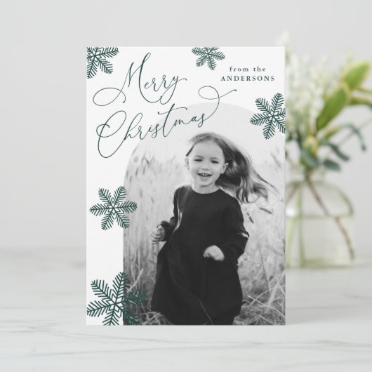 Elegant Snowflakes Spruce Green 2 Foto Feestdagenkaart (Staand voorkant)