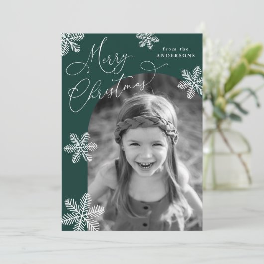 Elegant Snowflakes Spruce Green 2 Foto Feestdagenkaart (Staand voorkant)