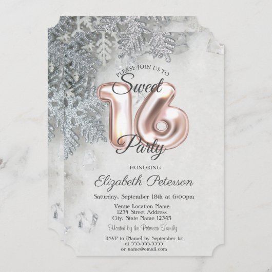 Elegant Snowflakes Sweet 16 Kaart (Voorkant / Achterkant)