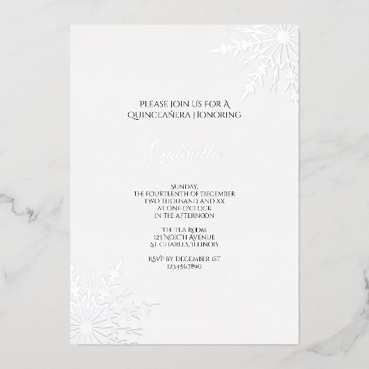 Elegant Snowflakes Winter Quinceañera Folie Uitnodiging (Voorkant)