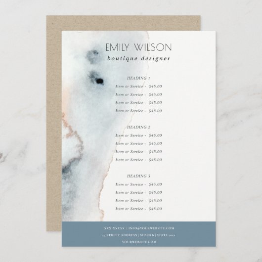 Elegant Soft Aqua Blue Gold Beachy Service Price Menu (Voorkant / Achterkant)