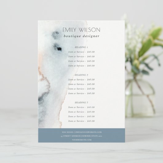 Elegant Soft Aqua Blue Gold Beachy Service Price Menu (Staand voorkant)