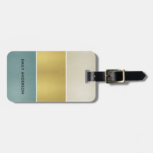 ELEGANT SOFT AQUA BLUE PEARL SILVER GOLD STRIPS BAGAGELABEL (Voorkant horizontaal)