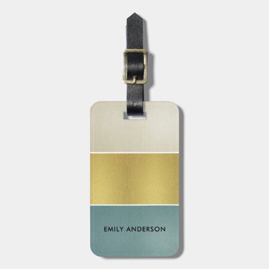 ELEGANT SOFT AQUA BLUE PEARL SILVER GOLD STRIPS BAGAGELABEL (Voorkant verticaal)