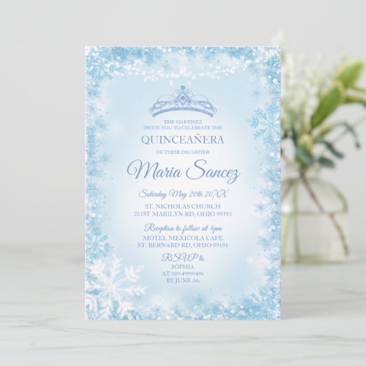 Elegant Soft Blue & String Light Mis Quince uitnod Kaart (Staand voorkant)