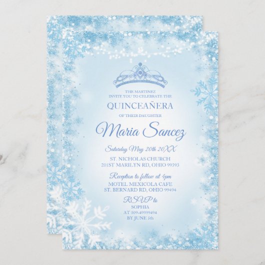 Elegant Soft Blue & String Light Mis Quince uitnod Kaart (Voorkant / Achterkant)