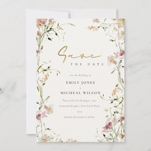 Elegant Soft Blush Green Red Meadow Waterverf Save The Date (Voorkant)