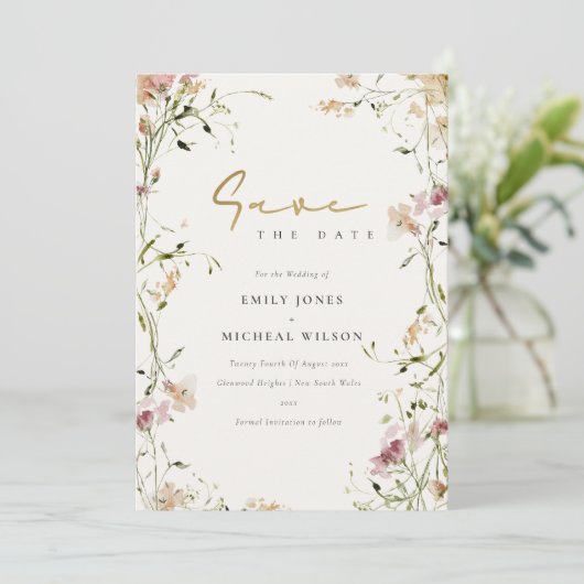 Elegant Soft Blush Green Red Meadow Waterverf Save The Date (Staand voorkant)