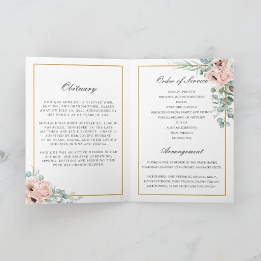 Elegant Soft Blush Pink Roses Floral Photo Funeral Programma (Binnen)