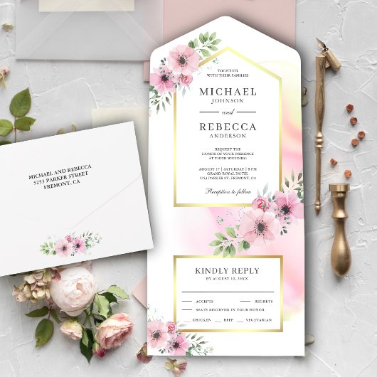Elegant Soft Blush Pink Waterverf Floral Wedding All In One Uitnodiging