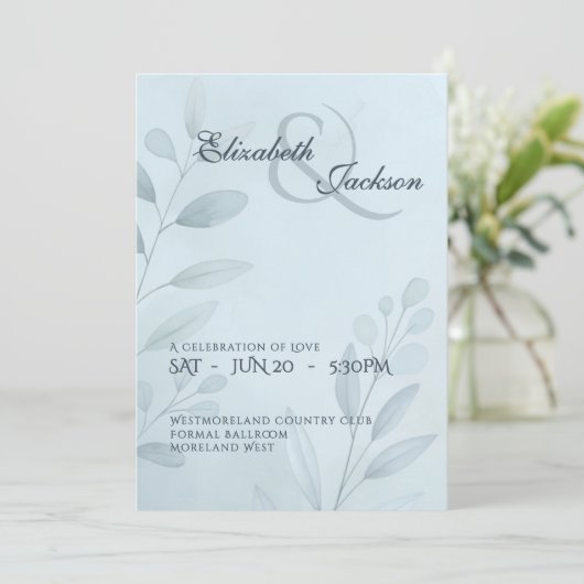 Elegant Soft Cool Blue Botanical Script Wedding Kaart (Staand voorkant)