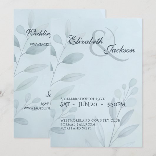 Elegant Soft Cool Blue Botanical Script Wedding  Kaart (Voorkant / Achterkant)