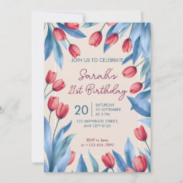 Elegant Soft Floral Tulip 21st Birthday Invitation Kaart