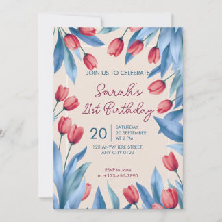 Elegant Soft Floral Tulip 21st Birthday Invitation Kaart