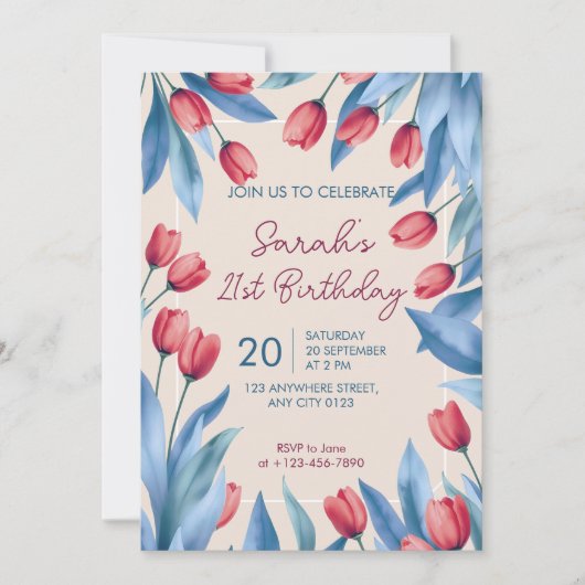Elegant Soft Floral Tulip 21st Birthday Invitation Kaart (Voorkant)