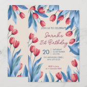 Elegant Soft Floral Tulip 21st Birthday Invitation Kaart (Voorkant / Achterkant)