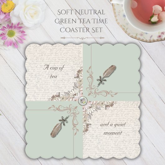 Elegant Soft Green Tea Time Literary Scalloped  Kartonnen Onderzetters