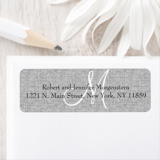 Elegant Soft Grey Linnen Monogram Adresetiketten Etiket (Insitu)